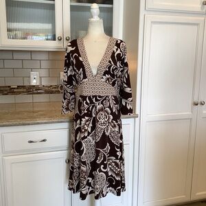 Donna Rae Brown & White Floral Stretch Knit Dress Size XL